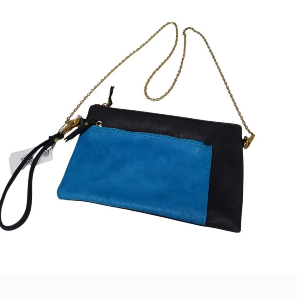 Chic Blue and Black Clutch with Gold Chain NwT